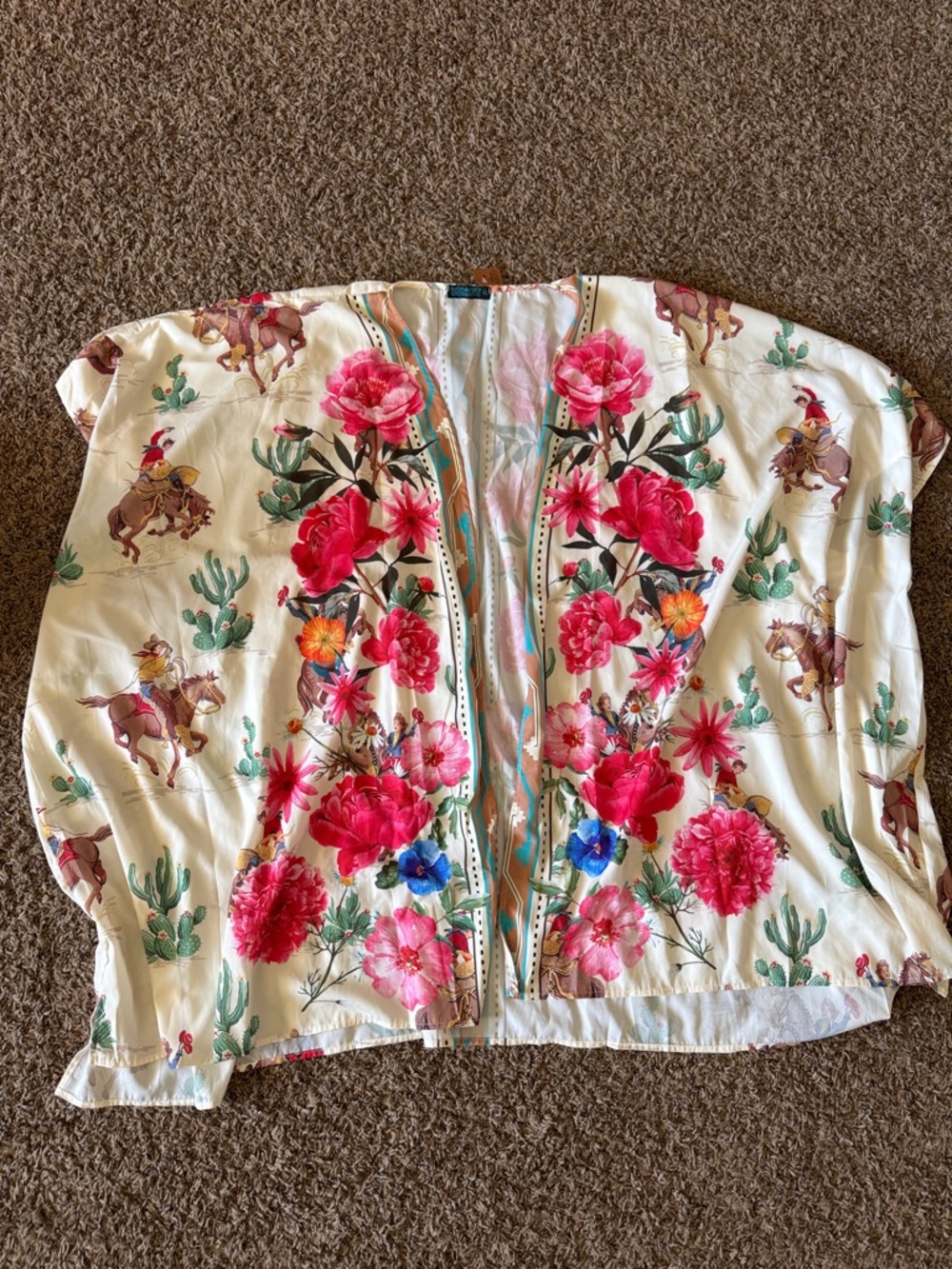Floral Print Open-Front Kimono Jacket - Cream & Pink
